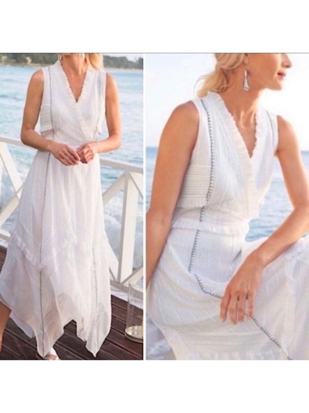 Soft Surroundings Villette Lace Handkerchief Midi White Boho Dress, M, NWOT